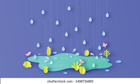 Illustration of rainy season with plants, grass, butterflies and rain drop that are around beautiful pond. paper cut and craft style. vector,illustration.