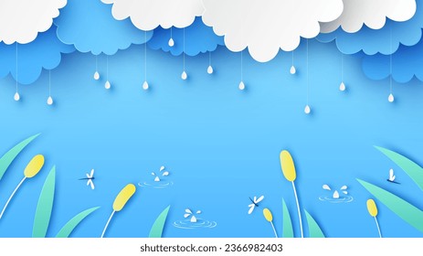 Ilustración de la estación lluviosa con plantas, hierba, libélula y lluvia cayendo. Naturaleza en temporada de lluvias. Temporada de lluvias. corte de papel y estilo artesanal. vector, ilustración.