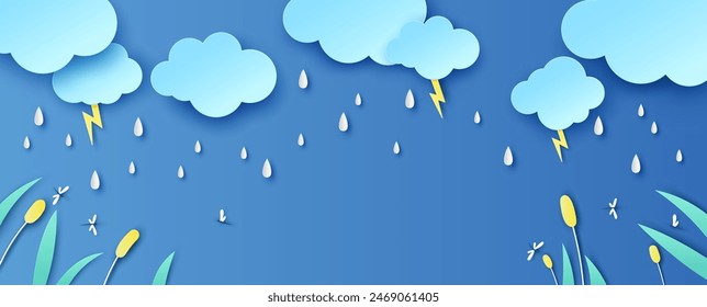 Illustration of rainy season with plants, grass, dragonfly and rain drop. Nature in rainy season. Rainy Season. paper cut and craft style. vector, illustration.