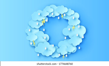 Illustration of rainy season sky in circle shape frame decorated with clouds, raindrop, lightning. Rainy season circle frame with blank space. paper cut and craft style. vector, illustration.