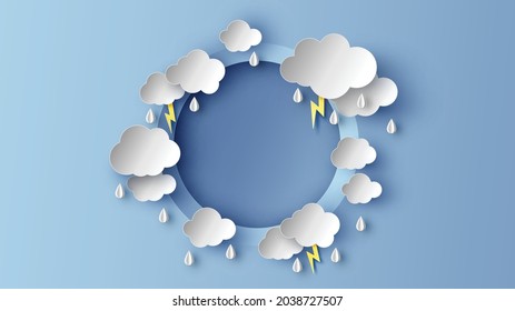 Illustration of rainy season sky in circle shape frame decorated with clouds, raindrop, lightning. Rainy season circle frame with blank space. paper cut and craft style. vector, illustration.