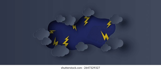 Ilustração do céu estação chuvosa em forma de círculo moldura decorada com nuvens, gota de chuva, relâmpago. Moldura de círculo da estação chuvosa com espaço em branco. corte de papel e estilo de artesanato. vetor, ilustração.