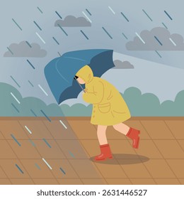 ilustração da estação chuvosa com um guarda-chuva na chuva forte