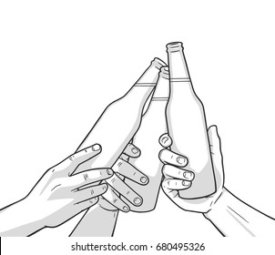 Illustration of raised beer bottles. Cheers