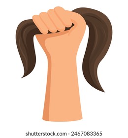 Illustration of a raised fist holding brunette pigtails, symbolizing women's empowerment and strength