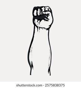 Illustration of a raised fist, symbolizing strength, unity, and resistance. The fist is a powerful symbol of solidarity and empowerment. Vintage style art drawing, isolated vector element.