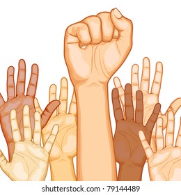 illustration of raised hand of different race with one fist