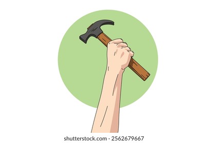 Illustration of a Raised hand holding a hammer. Worker with construction tools.