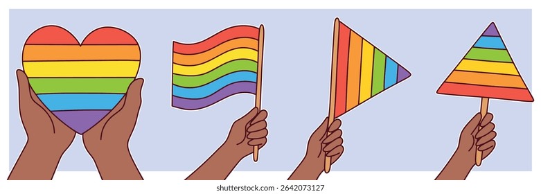 Illustration with raised hands in black skin tones holding rainbow flag, heart, and triangle. Stands for LGBT equality, love, and visibility