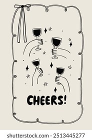 Ilustración de copas de vino levantadas con estrellas, que representan una celebración alegre y un brindis. Perfecto para invitaciones de fiesta o eventos festivos