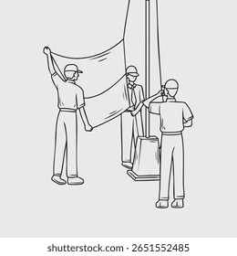 Illustration of the Raising of the Indonesian Flag by High School Students. Thin Line Illustration.