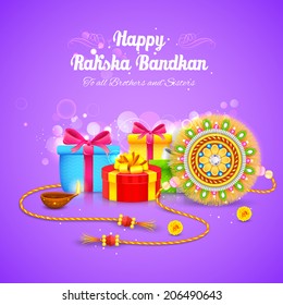 illustration of Raksha Bandhan background with rakhi and gift