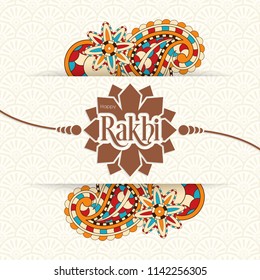 Illustration of Raksha Bandhan with beautiful rakhi,floral background and calligraphy.