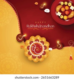 Illustration of Raksha Bandhan festival concept with beautiful Rakhi and brother sister characters. Creative design of Rakhi festival with floral background sweets and lights.