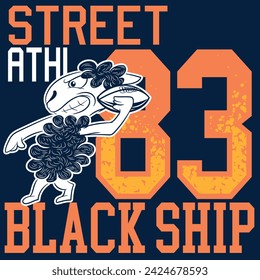 Illustration des Widdermaskottchens mit American Football Elementen, mit Ball und Text " Street Athletic Black Ship seit 1983 " mit hellen Farben und Texten auf verschiedenen Hintergründen, die Schilde und le kombinieren