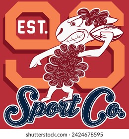Illustration of ram mascot with American football elements, with ball and text " Sport Club Since 1995 Athletic Dept.  " with bright colors and texts on different backgrounds combining shields and let