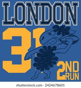 Illustration of ram mascot with American football elements, with ball and text " Street Athletic Black Ship London  " with bright colors and texts on different backgrounds combining shields and letter