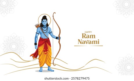 Illustration for Ram Navami depicting Lord Rama with a bow and arrow, symbolizing virtue, righteousness, and the triumph of good over evil, set against a clean, festive background.