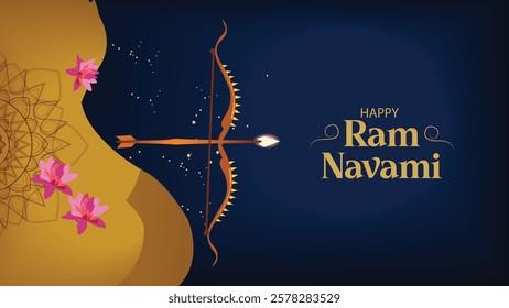 Illustration for Ram Navami featuring a glowing bow and arrow, surrounded by lotus flowers, symbolizing purity, victory, and Lord Rama's divine strength