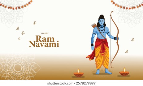 Illustration for Ram Navami featuring Lord Rama with a bow and arrow, surrounded by diyas, symbolizing light, righteousness, and divine strength in Hinduism