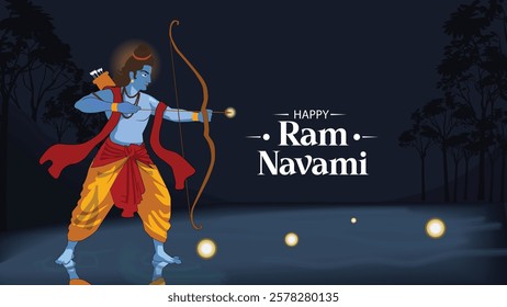 Illustration for Ram Navami featuring Lord Rama in an action pose with his bow and arrow, symbolizing strength, righteousness, and victory in the battle of good versus evil