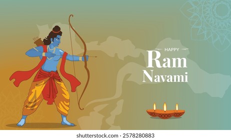 Illustration for Ram Navami featuring Lord Rama with a bow and arrow, surrounded by diyas, symbolizing divine strength, righteousness, and the victory of good over evil