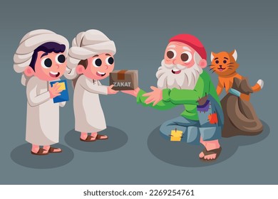 illustration of Ramadan activities paying zakat and sharing with others, some Muslim boys give zakat to old man during Ramadan, Giving alms to others