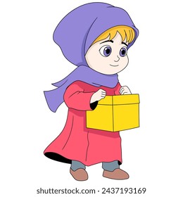 Illustration of a Ramadan cartoon doodle giving charity, a Muslim girl wearing a hijab carrying a donation gift box for a cougar, creative drawing 