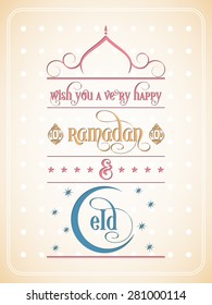 Illustration of Ramadan and Eid with intricate calligraphy for the celebration of Muslim community festival.