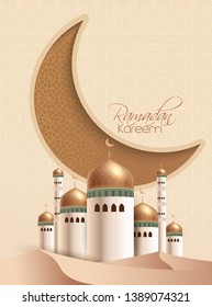 illustration of Ramadan Kareem, 3d moon, masjid and arabic pattern design,  Muslim's Holy Month Ramadan Kareem greeting card, poster, 