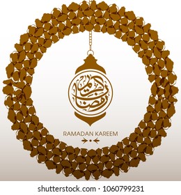 Illustration of Ramadan Kareem with Arabic calligraphy and lamps for the celebration of Muslim community festival.