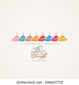 Illustration of Ramadan Kareem with Arabic calligraphy and Mosque tombs for the celebration of Muslim community festival.