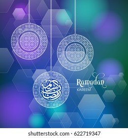 Illustration of Ramadan Kareem with Arabic lamps and calligraphy for the celebration of Muslim community festival.