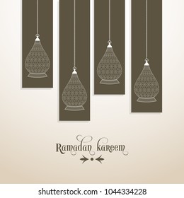 Illustration of Ramadan Kareem with Arabic lanterns and calligraphy for the celebration of Muslim community festival.
