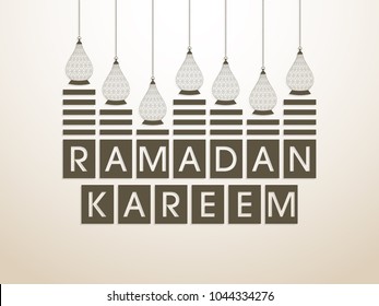 Illustration of Ramadan Kareem with Arabic lanterns and calligraphy for the celebration of Muslim community festival.