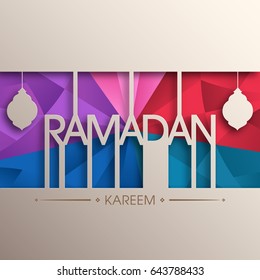 Illustration of Ramadan Kareem with Arabic lanterns and calligraphy for the celebration of Muslim community festival.