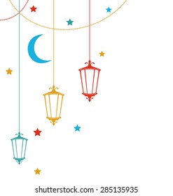 Illustration Ramadan Kareem Background with Colorful Lamps, Crescents and Stars - Vector