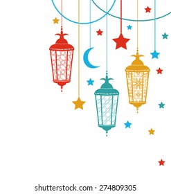 Ilustración Ramadan Kareem Fondo con Lámparas (Fanoos), Crescentos y Estrellas - Vector