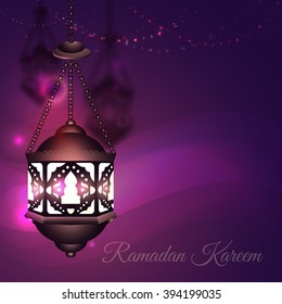 Illustration Ramadan Kareem Background with Lamps (Fanoos), Ramadan Kareem Crescents and Lights. Can be used as Ramadan Kareem greeting card. Vector.