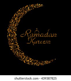Illustration Ramadan Kareem Background with Moon and Calligraphy Text Made of Golden Confetti. Ramadan Mubarak Greeting Card, Invitation for Muslim Community Holy Month - Vector