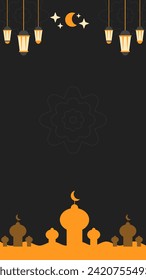 Illustration of Ramadan Kareem Background with Mosque, Lantern, and Crescent Moon. Vertical backdrop for Social Media Post Template or Wallpaper. Dark Variant.