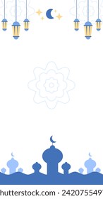 Illustration of Ramadan Kareem Background with Mosque, Lantern, and Crescent Moon. Vertical backdrop for Social Media Post Template or Wallpaper. Light Variant.