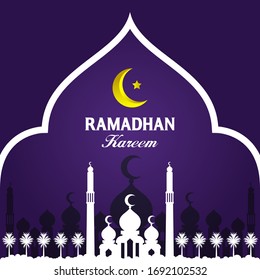 Illustration of Ramadan Kareem with a blue theme by using a silhouette from the mosque as a symbol of religion and crescent accessories added.