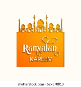 Illustration of Ramadan Kareem with calligraphy and mosque for the celebration of Muslim community festival.