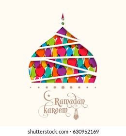 Illustration of Ramadan Kareem with calligraphy and mosque tomb for the celebration of Muslim community festival.