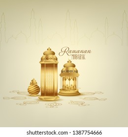 illustration of Ramadan kareem with calligraphy and traditonal lantern, moon background