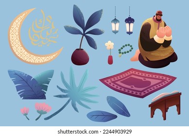 Illustration of Ramadan Kareem elements, including muslim man praying salat, carpet, leafs, crescent and Islamic calligraphy isolated on light blue background. Calligraphic translation: Eid Mubarak