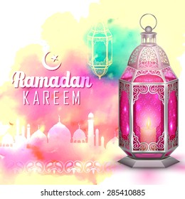 illustration of Ramadan Kareem (Generous Ramadan) greeting with illuminated lamp