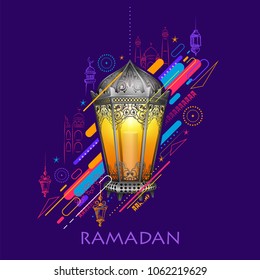 ilustración de los saludos de Ramadan Kareem (Ramadán generoso) para el festival religioso del Islam Eid con lámpara iluminada