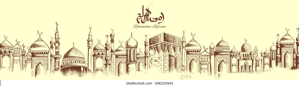 illustration of Ramadan Kareem (Generous Ramadan) greetings for Islam religious festival Eid with freehand sketch Mecca building